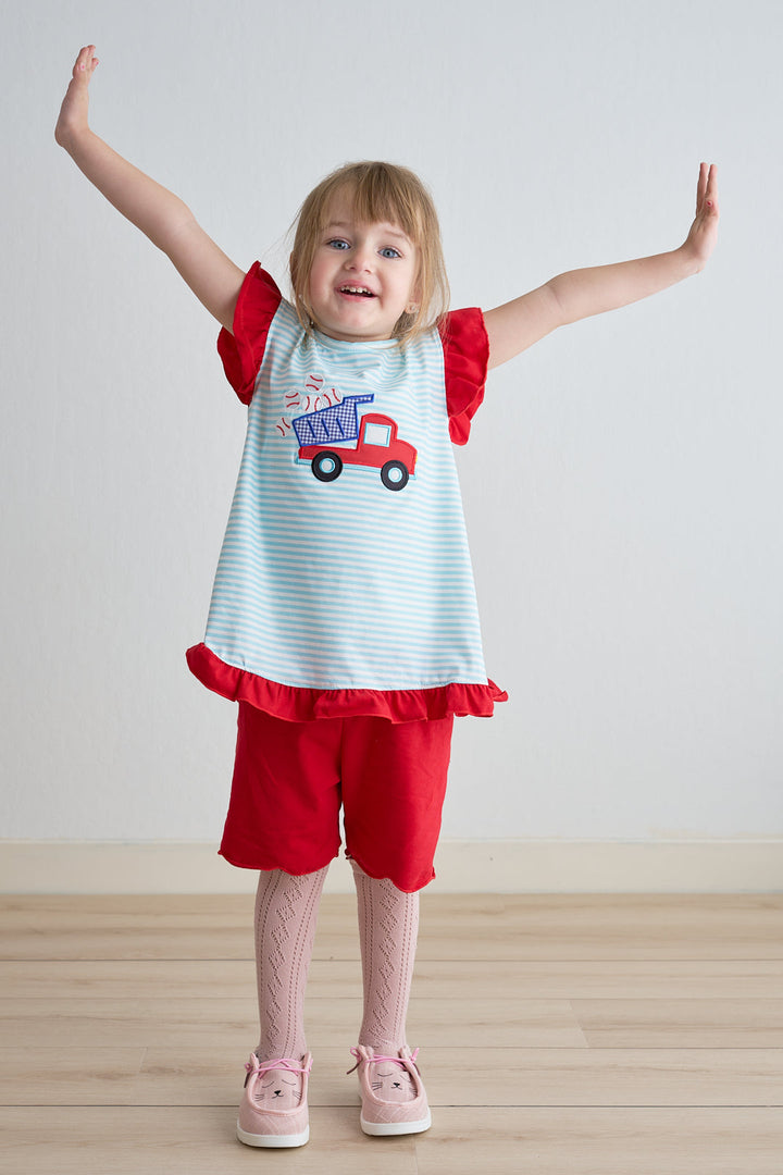 Blue Stripe Truck Baseball Applique Girl Set