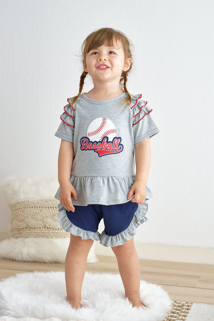 Grey Baseball Applique Ruffle Girl Set