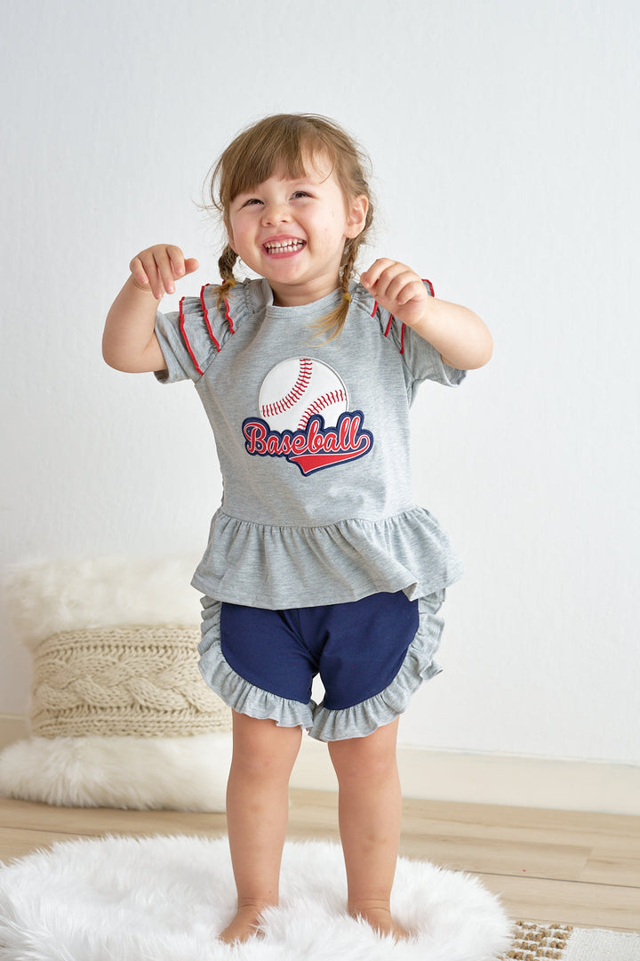 Grey Baseball Applique Ruffle Girl Set