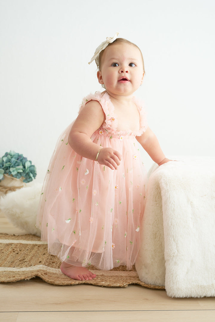 Pink Strap Daisy Embroidery Tulle Dress