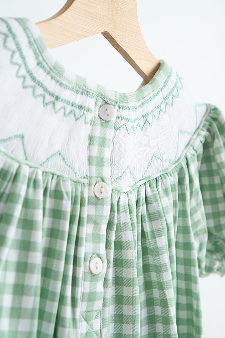 Green Bow Tie Hand Smocked Gingham Dress