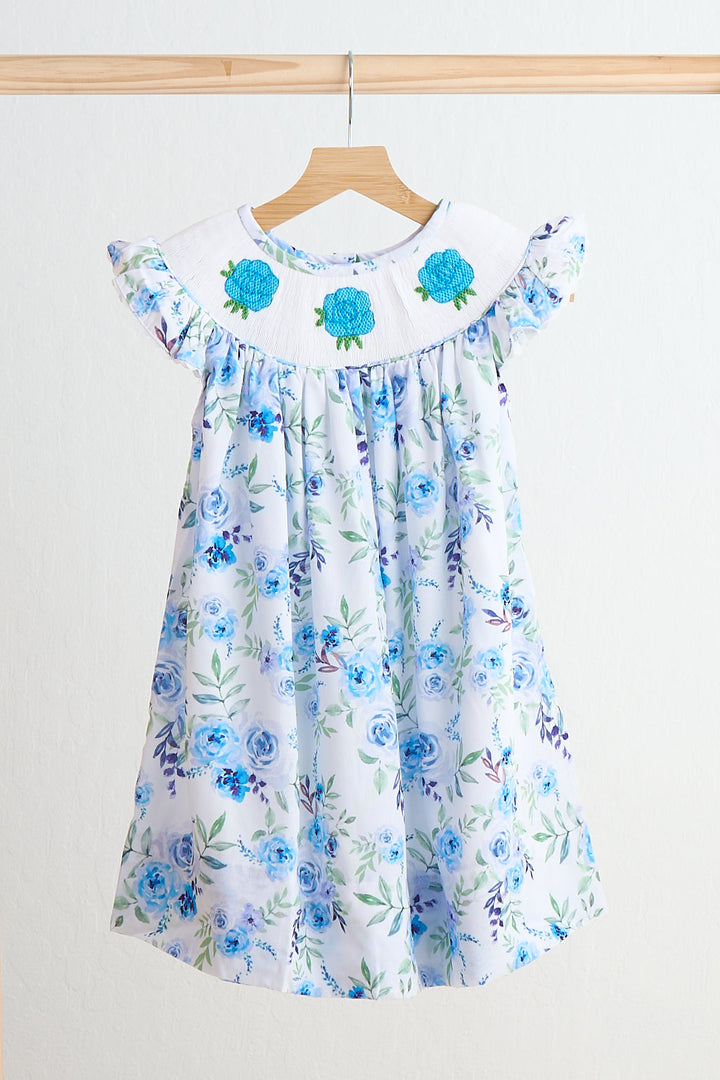 Blue Rose Hand Smocked Print Dress