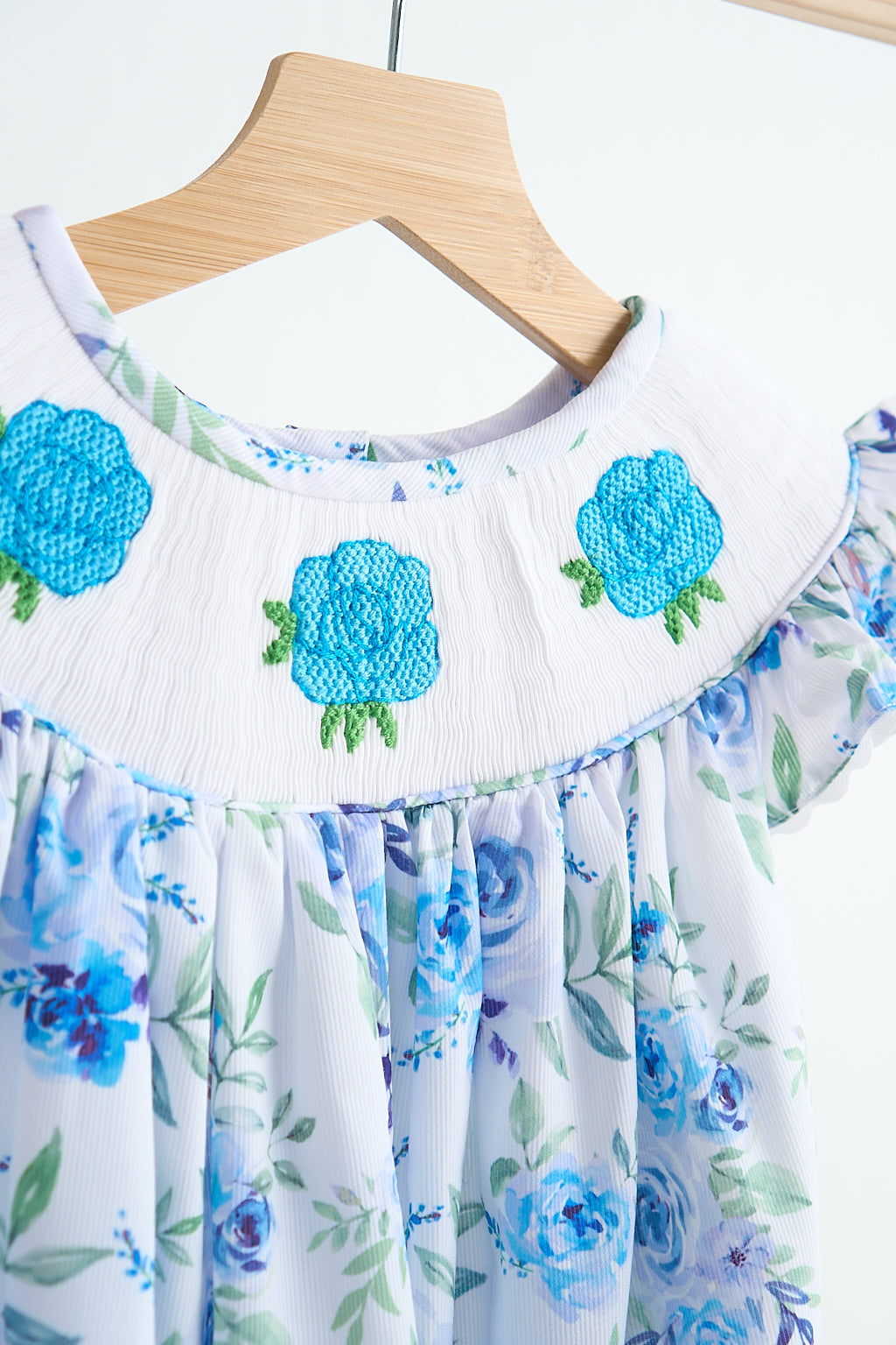 Blue Rose Hand Smocked Print Dress