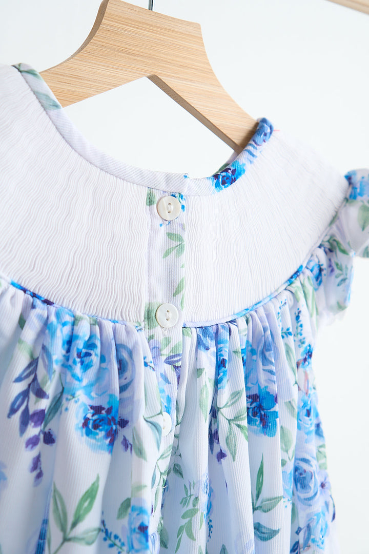 Blue Rose Hand Smocked Print Dress