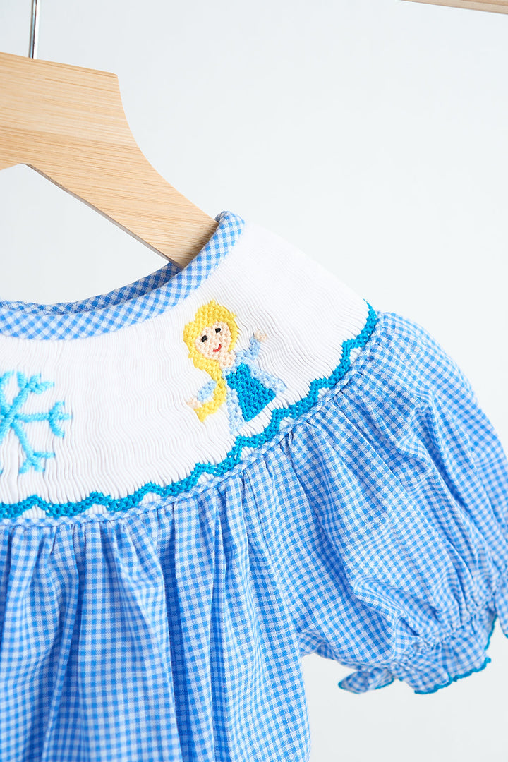 Blue Snow Princess Hand Smocked Gingham Girl Romper