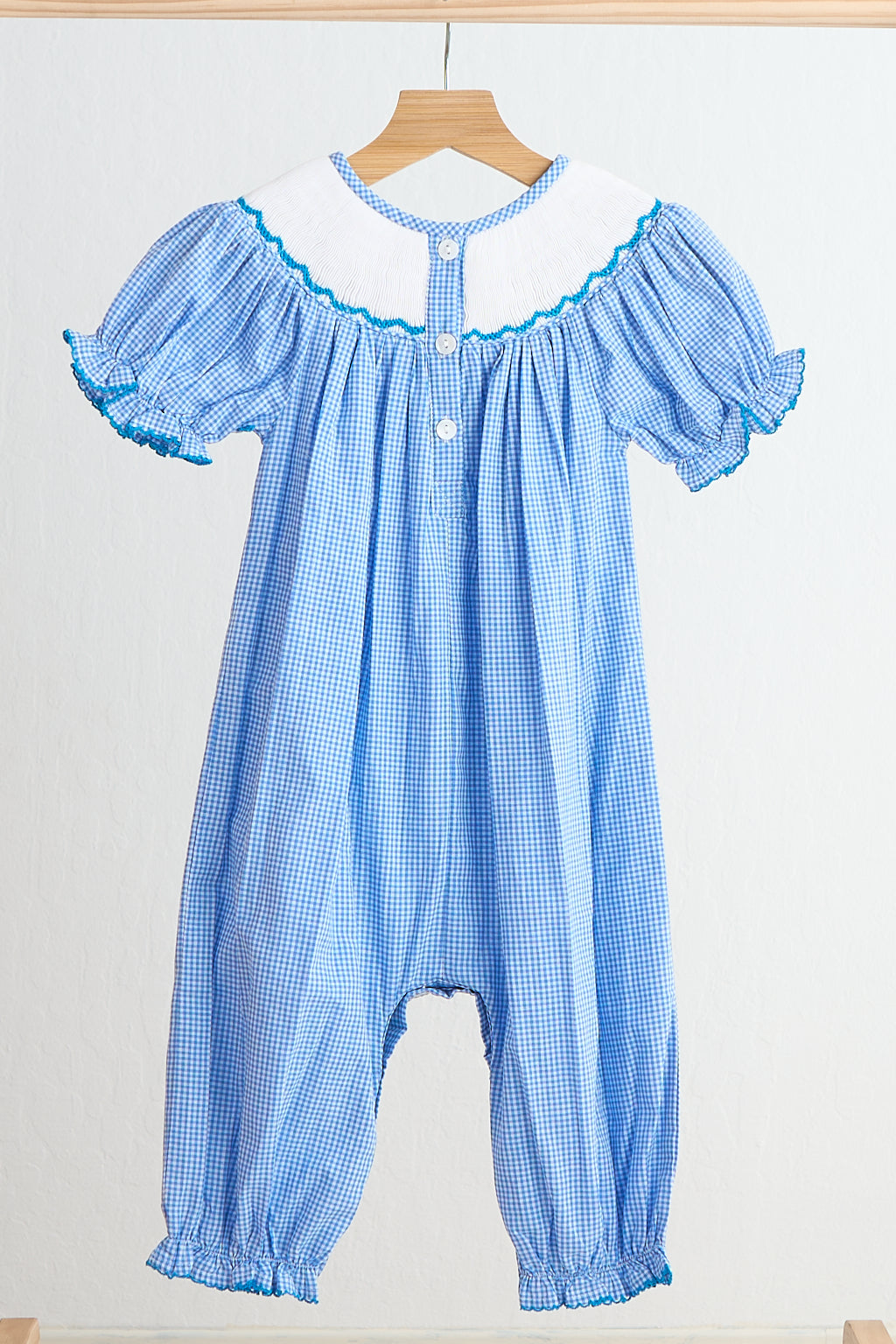 Blue Snow Princess Hand Smocked Gingham Girl Romper