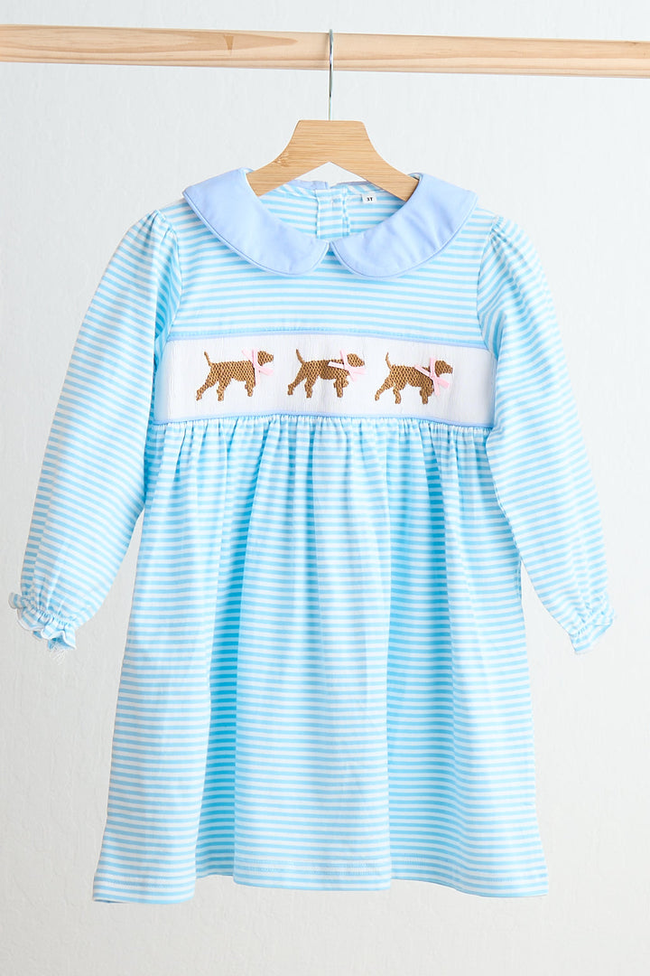 Blue Puppy Hand Smocked Stripe Dress