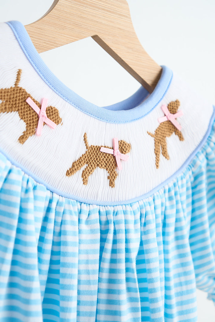 Blue Puppy Hand Smocked Girl Romper