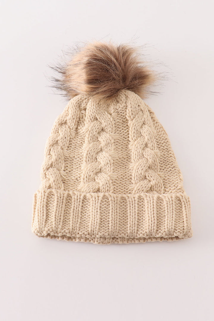 Beige Pompom  Cable Beanie