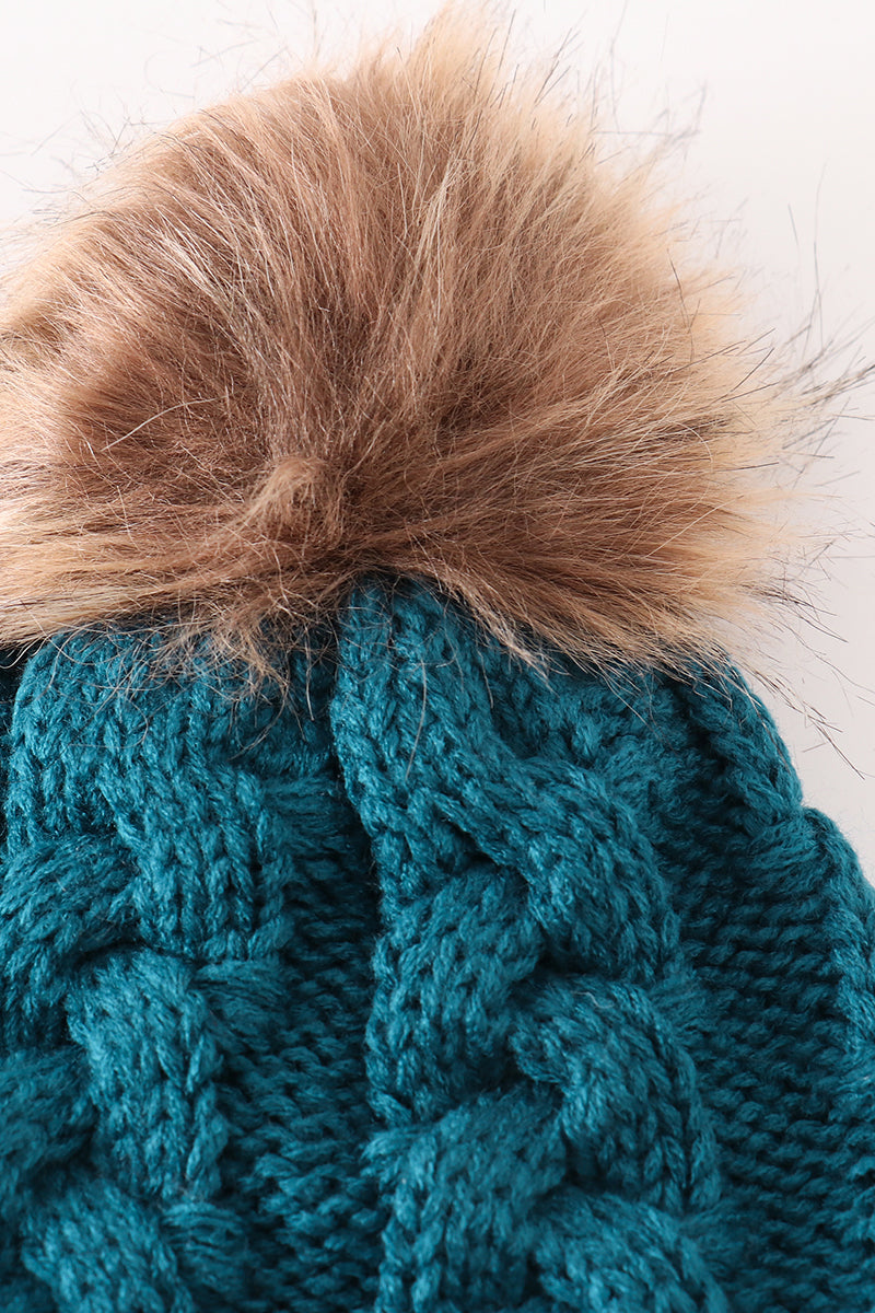 Teal Pompom Cable Beanie