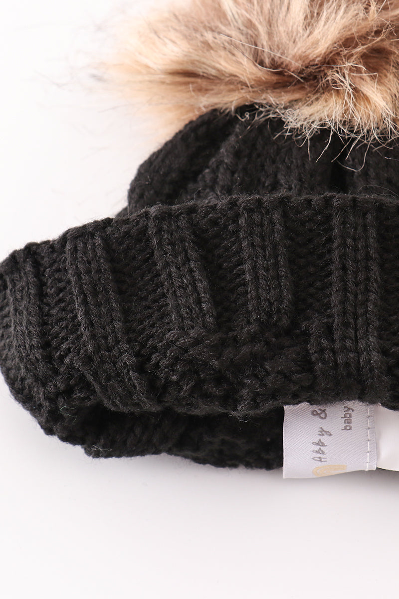 Black Pompom Cable Beanie