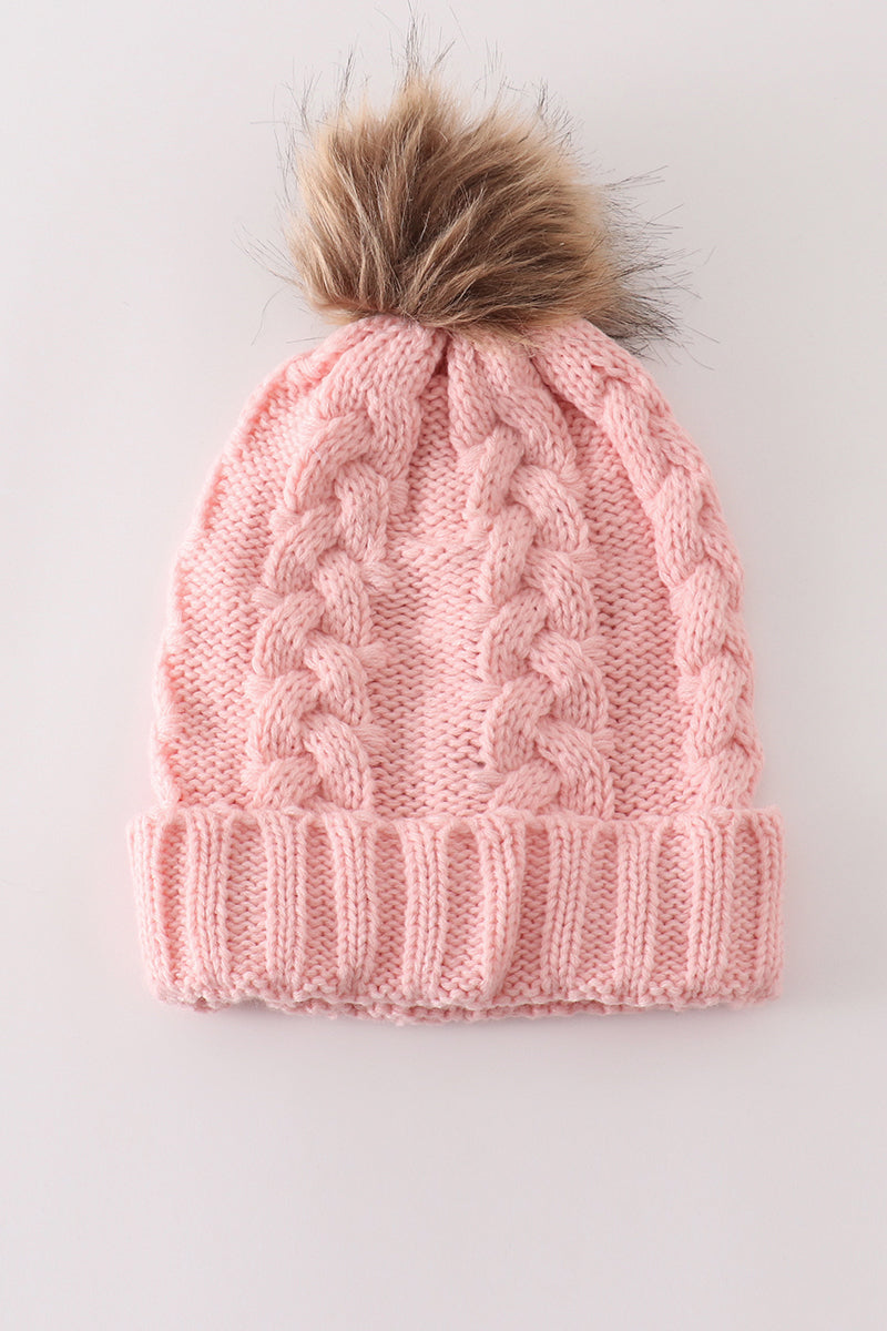 Pink Pompom Cable Beanie