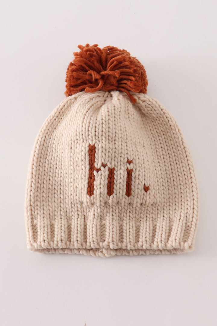 Beige Pompom Hi Cable Beanie