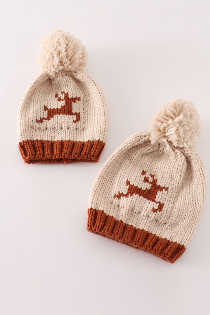 Beige Pompom Reindeer Cable Beanie