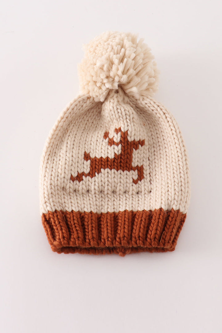 Beige Pompom Reindeer Cable Beanie