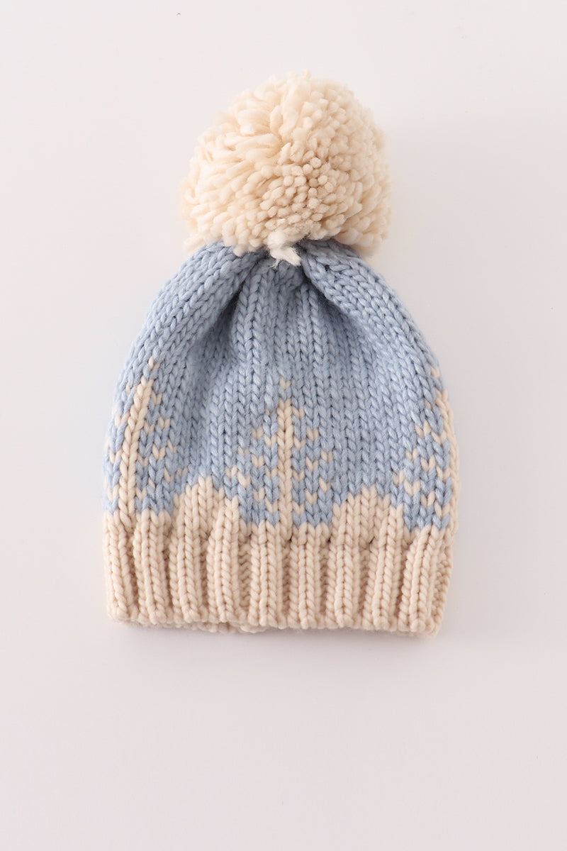 Blue Pompom Christmas Tree Cable Beanie