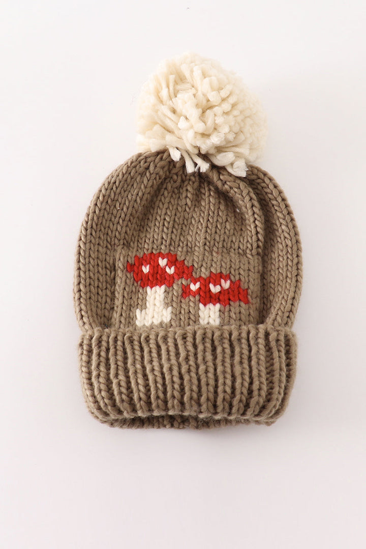 Brown Pompom Mushroom Cable Beanie