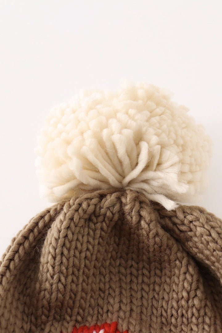 Brown Pompom Mushroom Cable Beanie