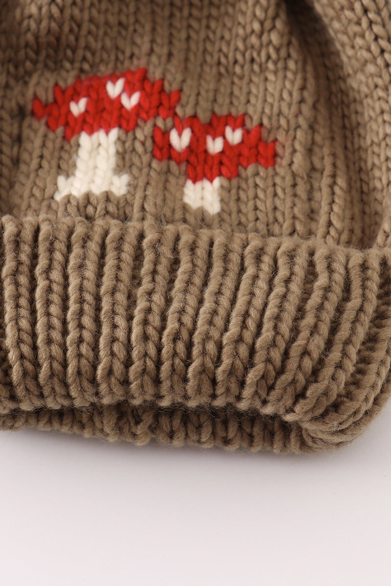 Brown Pompom Mushroom Cable Beanie