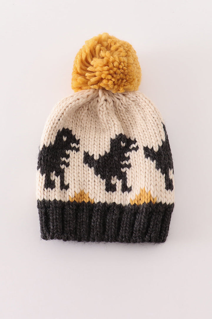 Black Pompom Dinosaur Cable Beanie