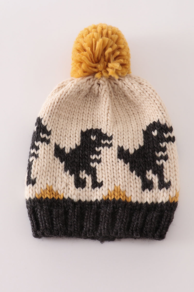 Black Pompom Dinosaur Cable Beanie