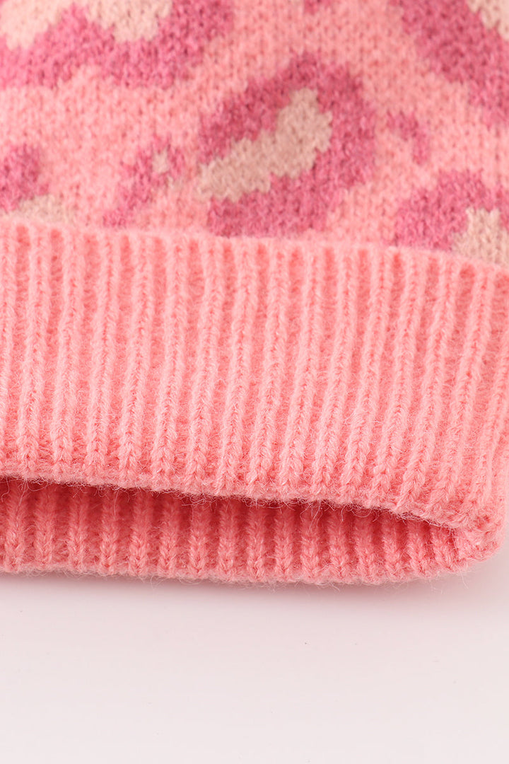 Pink Pompom Leopard Cable Beanie