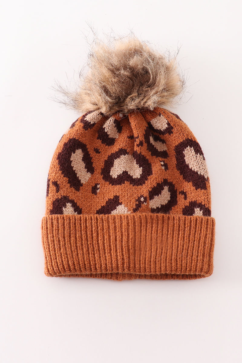 Brown Pompom Leopard Cable Beanie