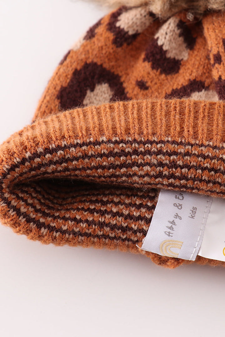 Brown Pompom Leopard Cable Beanie