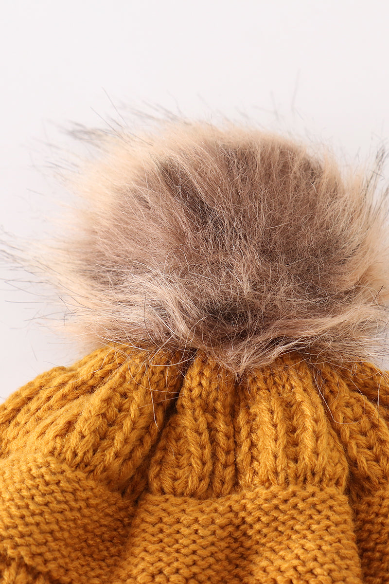 Mustard Pompom Cable Beanie