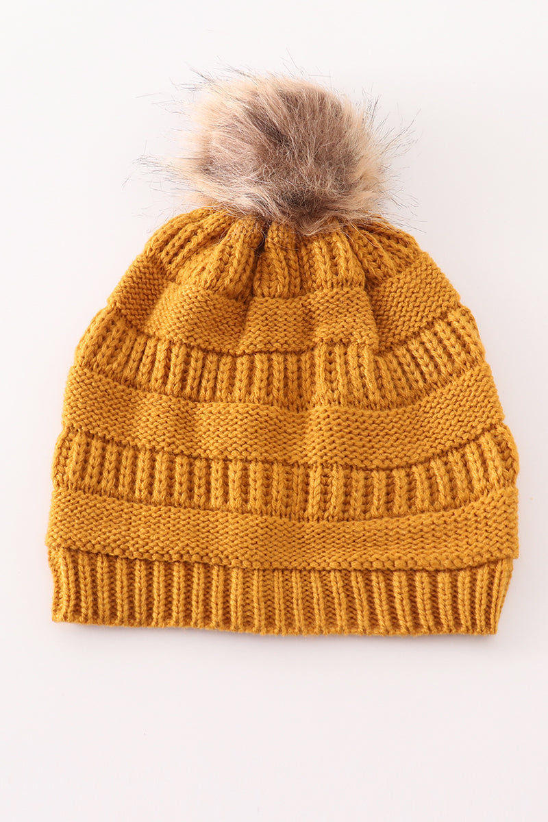 Mustard Pompom Cable Beanie