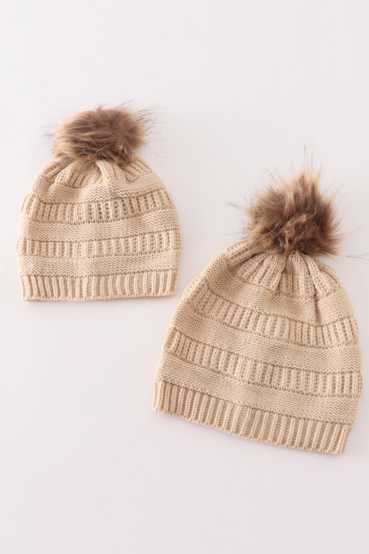 Beige Pompom Cable Beanie