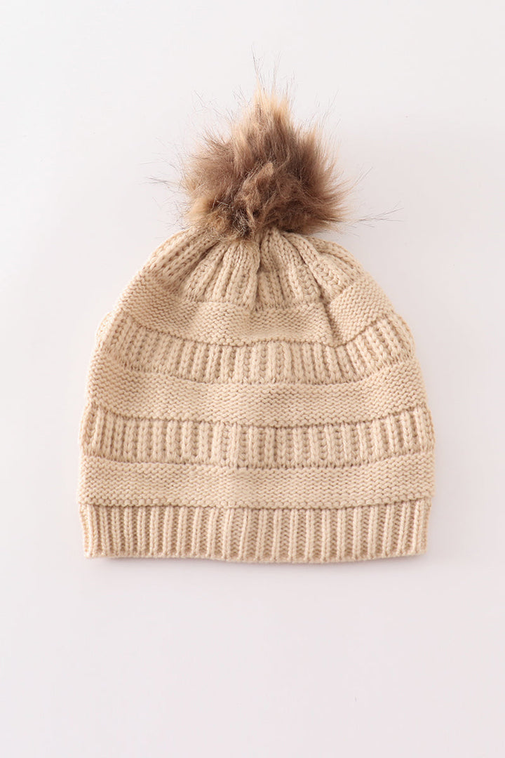 Beige Pompom Cable Beanie