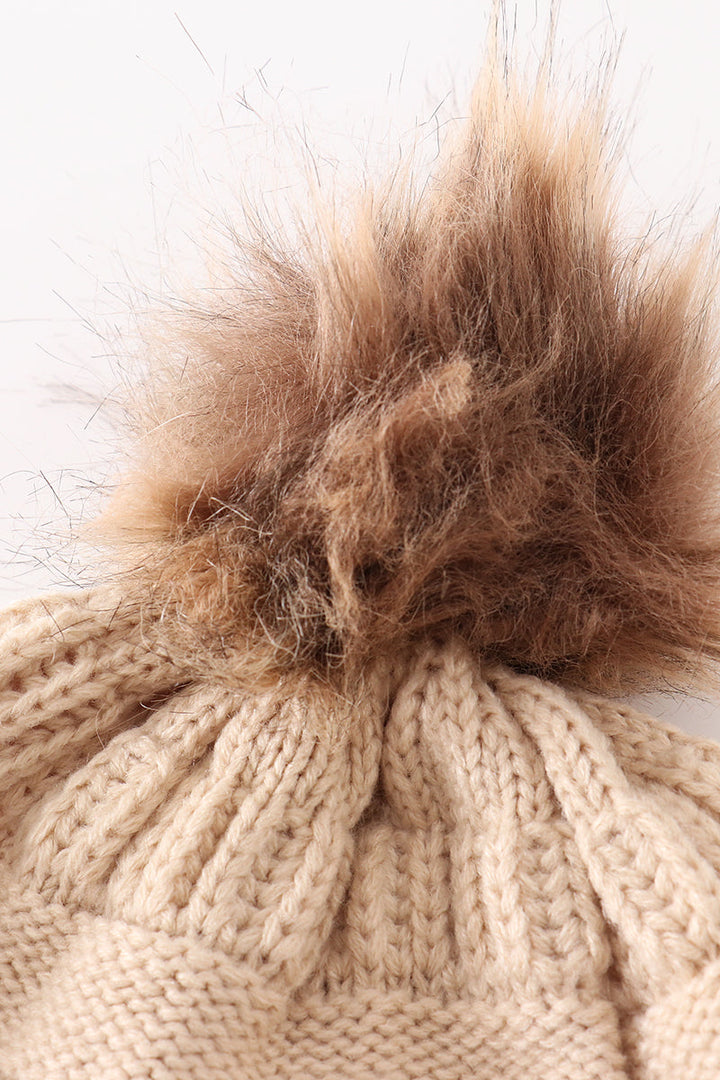 Beige Pompom Cable Beanie