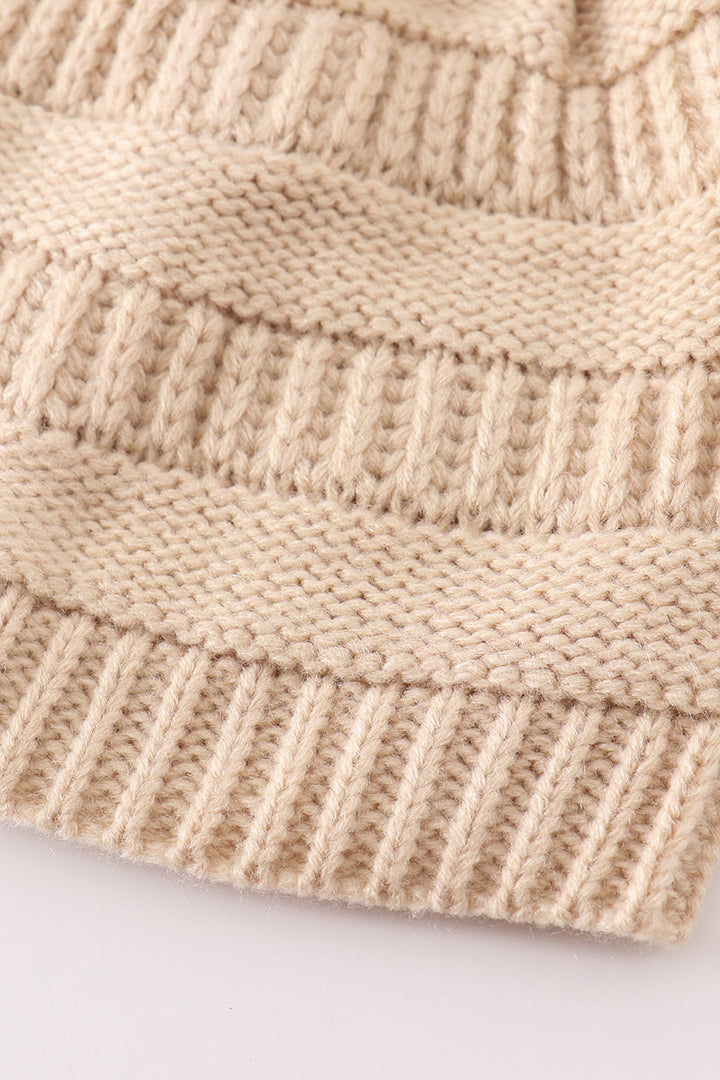 Beige Pompom Cable Beanie