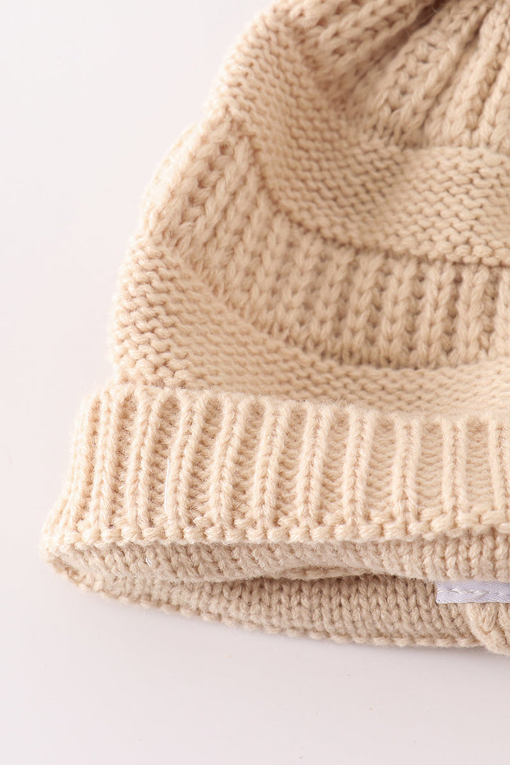 Beige Pompom Cable Beanie