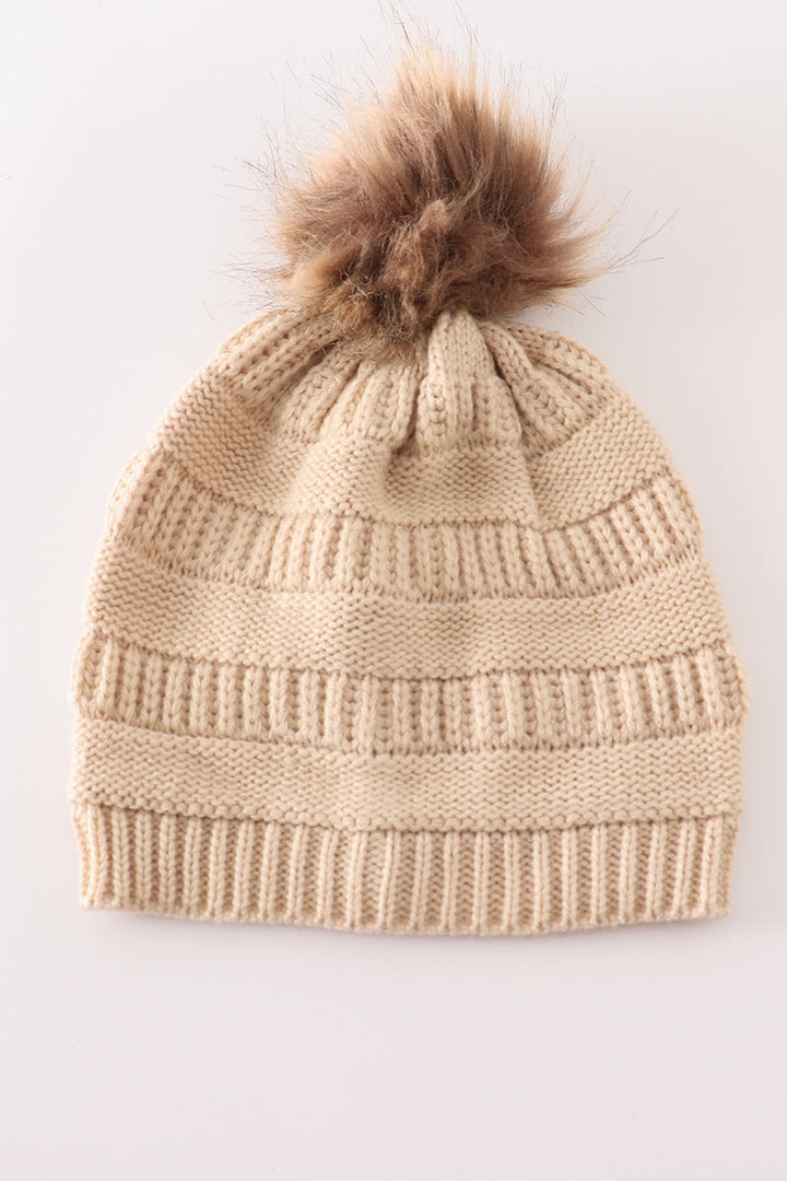 Beige Pompom Cable Beanie