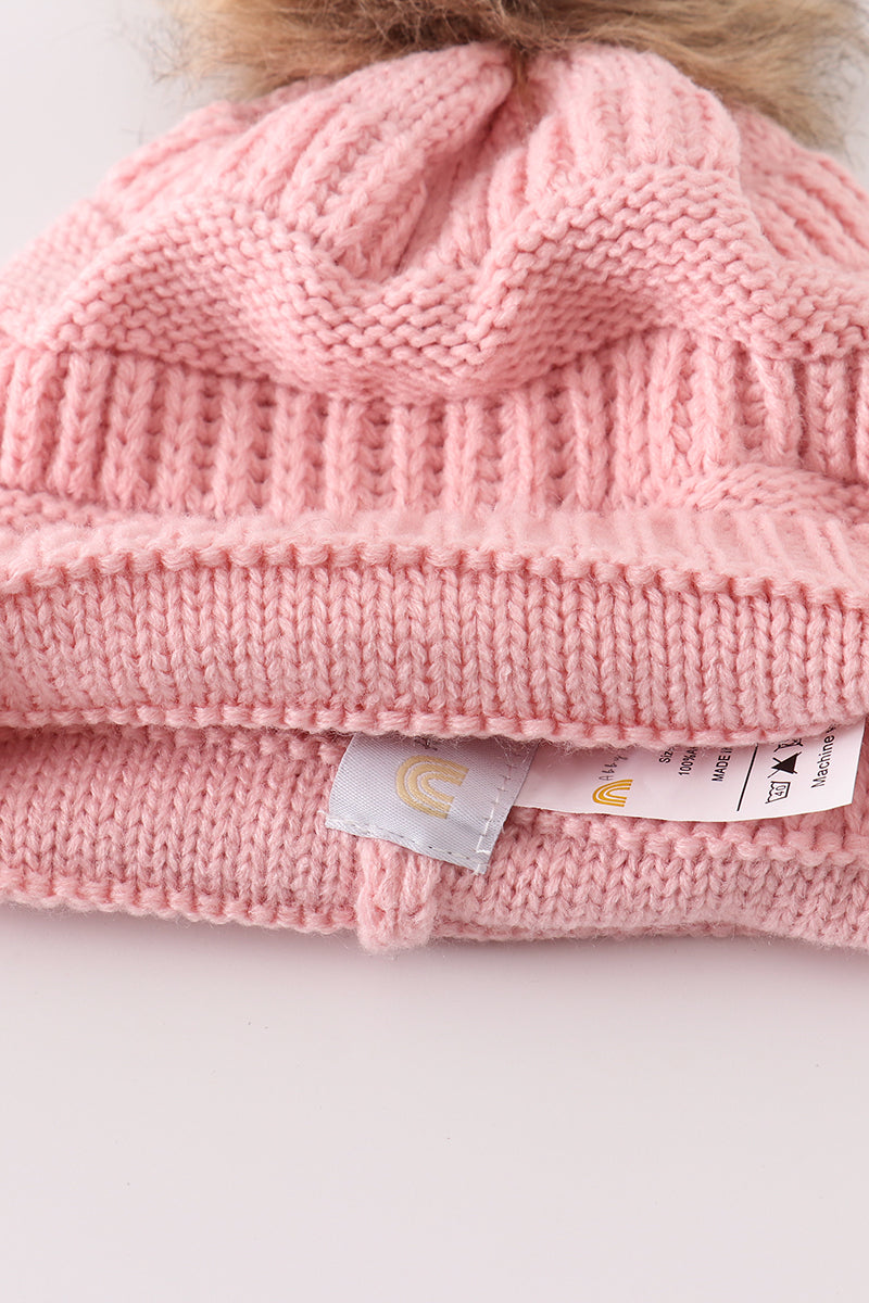 Pink Pompom Cable Beanie