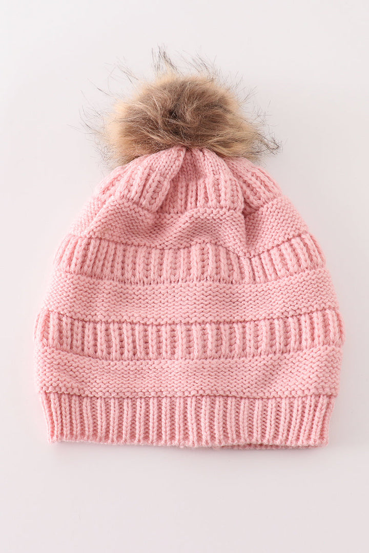 Pink Pompom Cable Beanie