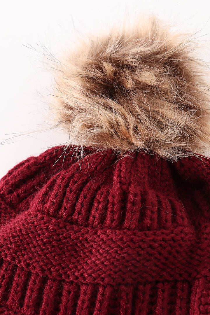 Burgundy Pompom Cable Beanie