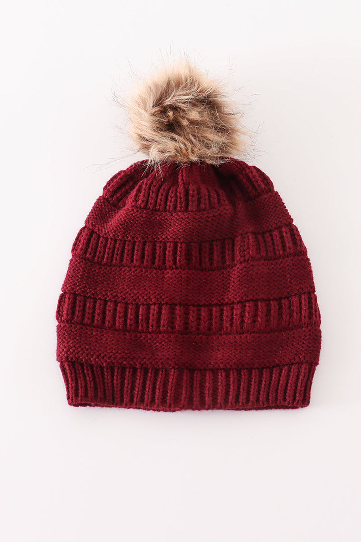 Burgundy Pompom Cable Beanie