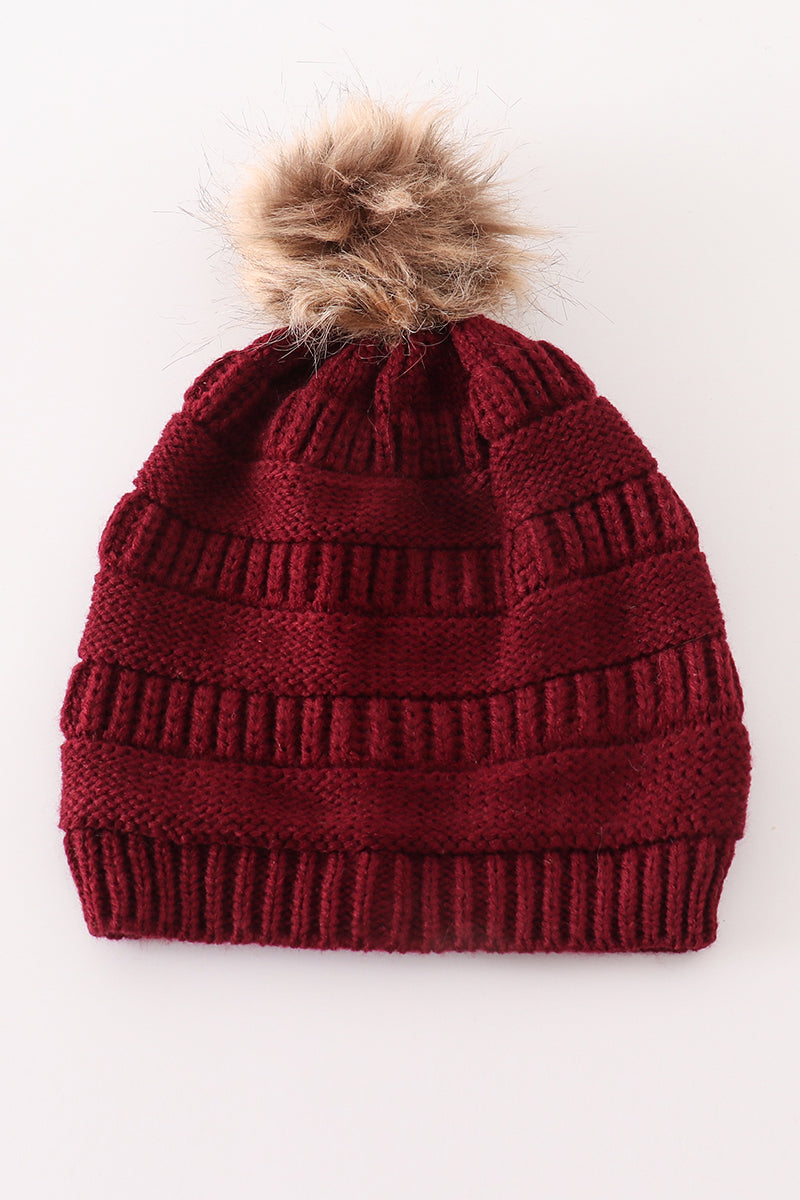 Burgundy Pompom Cable Beanie