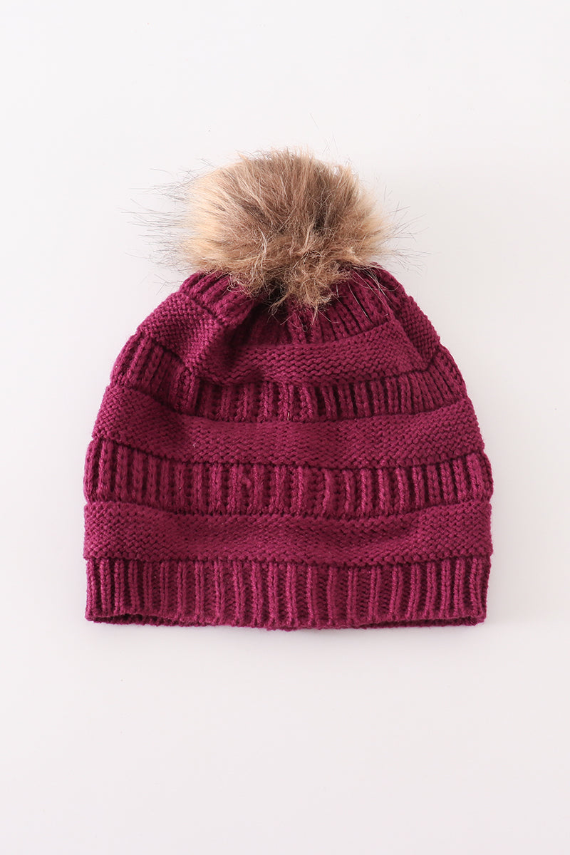 Violet Pompom Cable Beanie