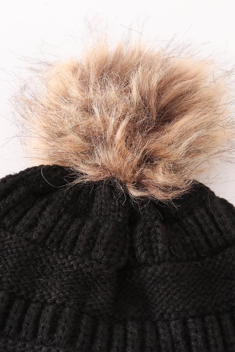 Black Pompom Cable Beanie