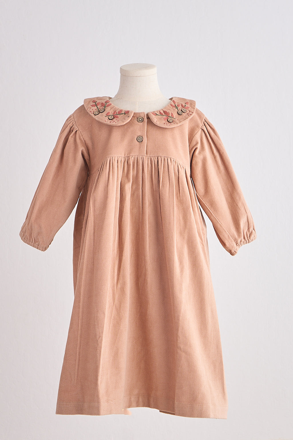 Beige Floral Embroidery Velveteen Girl Dress