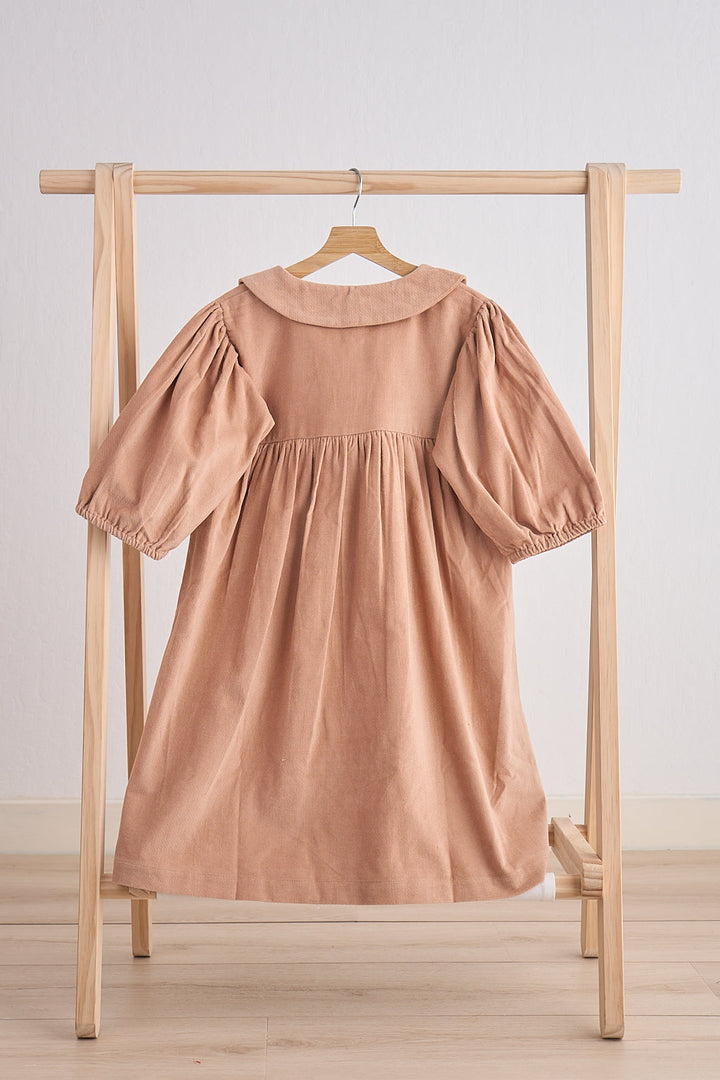 Beige Floral Embroidery Velveteen Girl Dress