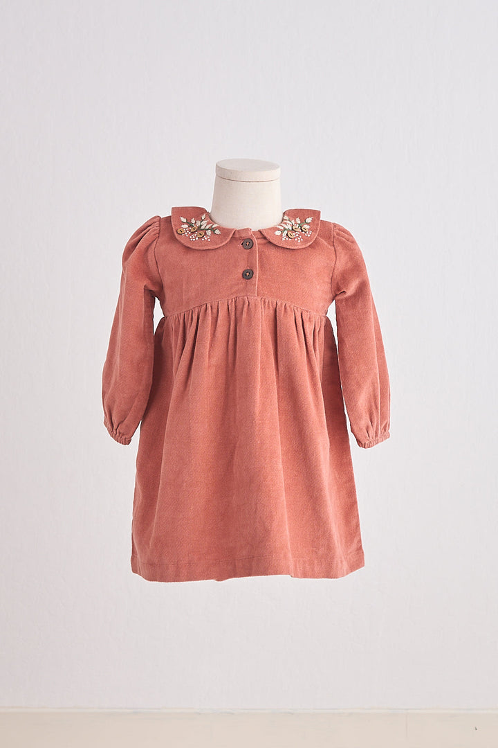 Rust Floral Embroidery Velveteen Girl Dress