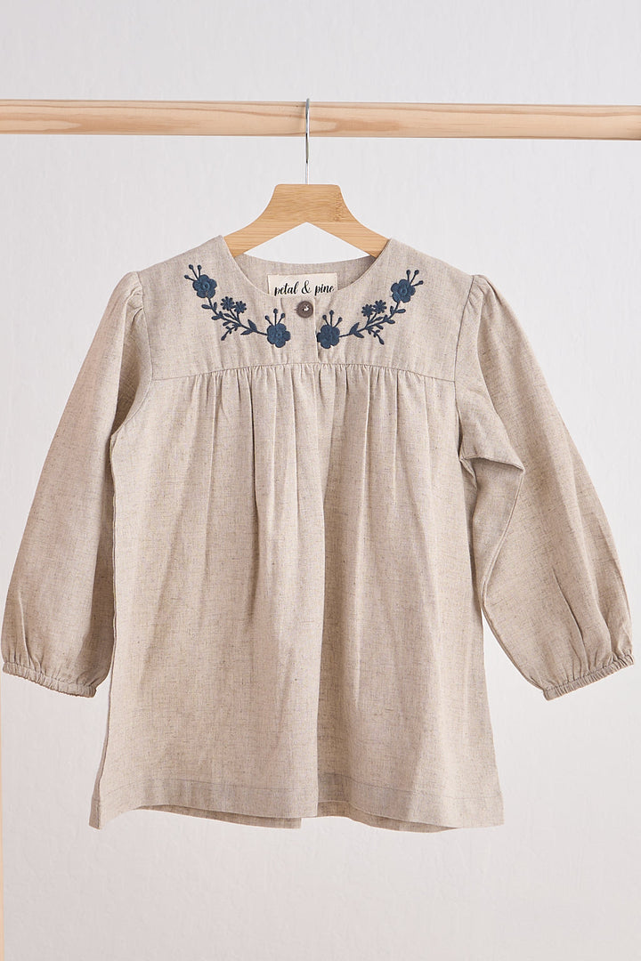 Gray Floral Embroidery Linen Girl Dress