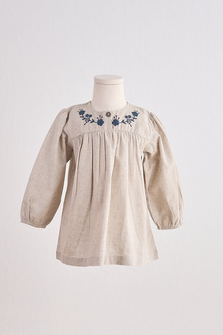 Gray Floral Embroidery Linen Girl Dress