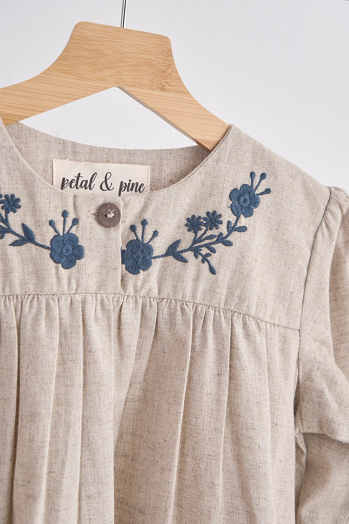 Gray Floral Embroidery Linen Girl Dress