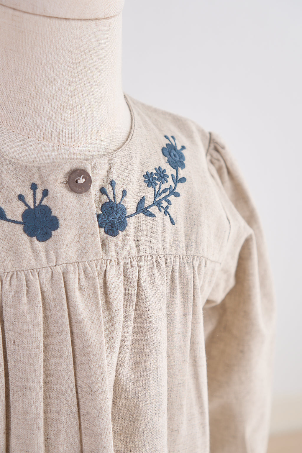 Gray Floral Embroidery Linen Girl Dress